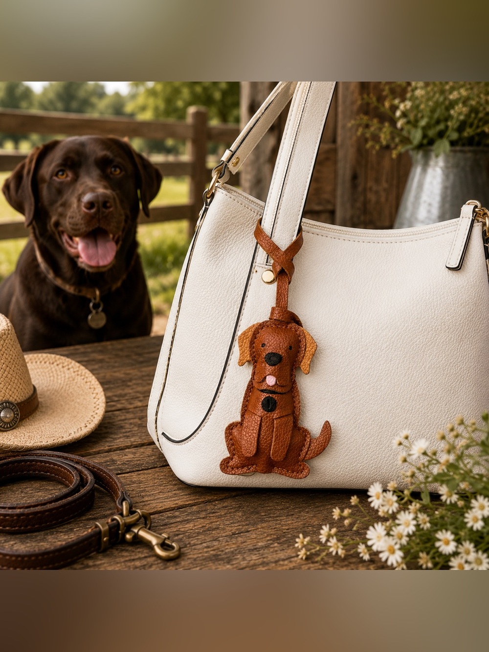 Brown Faux Leather Puppy Dog Bag Charm Keychain Purse Accessory